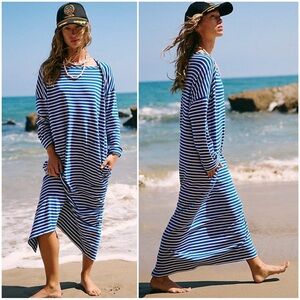 FREE PEOPLE Women’s Size XS Blue & White Striped Tivoli Long Sleeve Maxi Dress‎